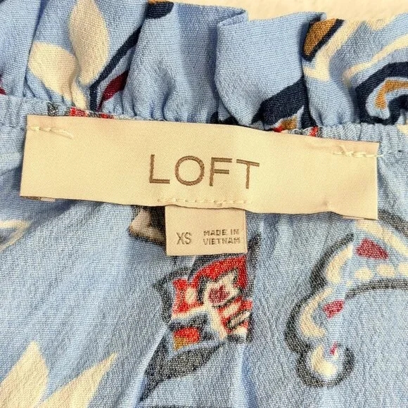 LOFT Blue Paisley Floral Ruffle Neck Flutter Sleeve Blouse Top XS - Picture 4 of 5